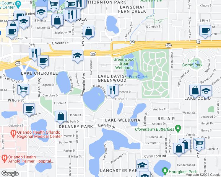 map of restaurants, bars, coffee shops, grocery stores, and more near 734 South Mills Avenue in Orlando