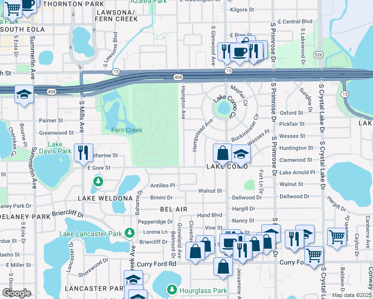 map of restaurants, bars, coffee shops, grocery stores, and more near 706 South Hampton Avenue in Orlando