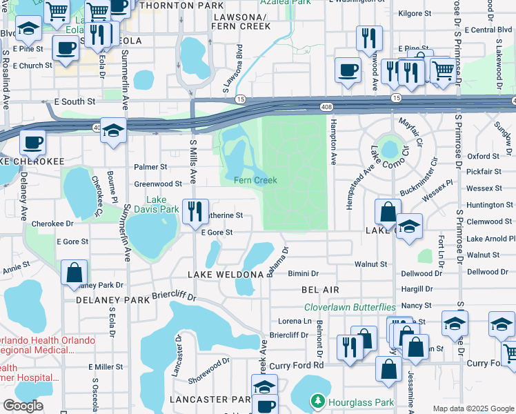 map of restaurants, bars, coffee shops, grocery stores, and more near 1529 Catherine Street in Orlando