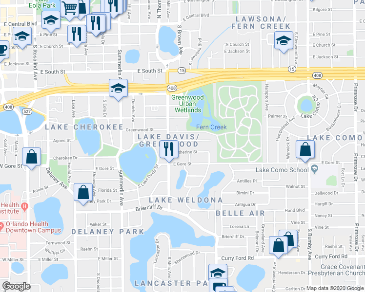 map of restaurants, bars, coffee shops, grocery stores, and more near 1300 Noble Place in Orlando
