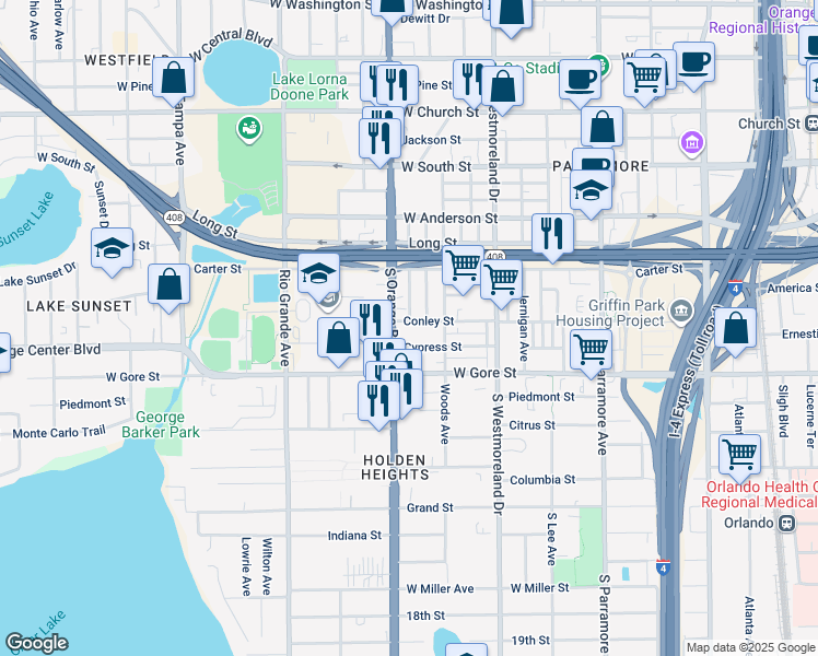 map of restaurants, bars, coffee shops, grocery stores, and more near 1219 Conley Street in Orlando