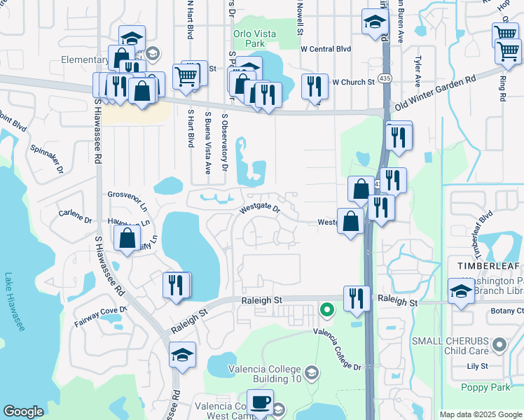 map of restaurants, bars, coffee shops, grocery stores, and more near 6065 Westgate Drive in Orlando