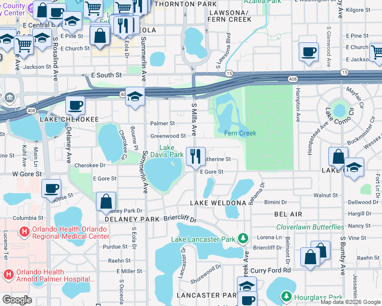 map of restaurants, bars, coffee shops, grocery stores, and more near in Orlando