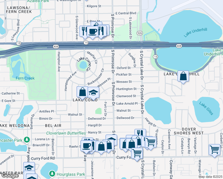 map of restaurants, bars, coffee shops, grocery stores, and more near 801 Huntington Place in Orlando