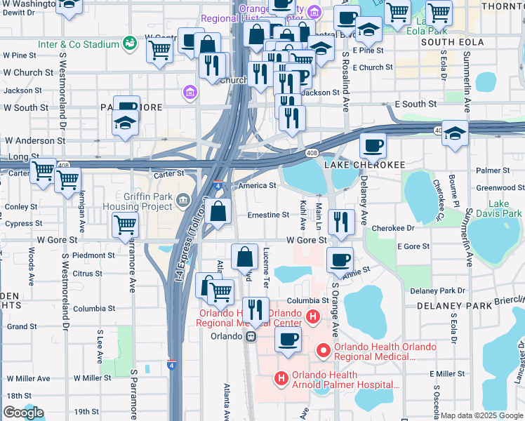 map of restaurants, bars, coffee shops, grocery stores, and more near 203 Ernestine Street in Orlando