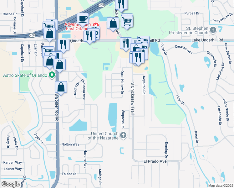 map of restaurants, bars, coffee shops, grocery stores, and more near 8076 Marsh Hen Drive in Orlando