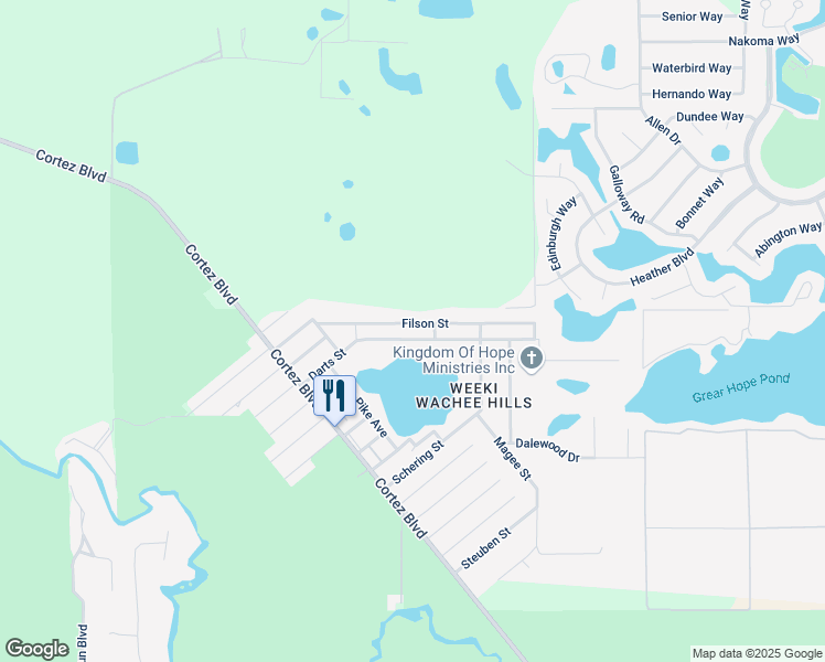 map of restaurants, bars, coffee shops, grocery stores, and more near 8128 Filson Street in Brooksville