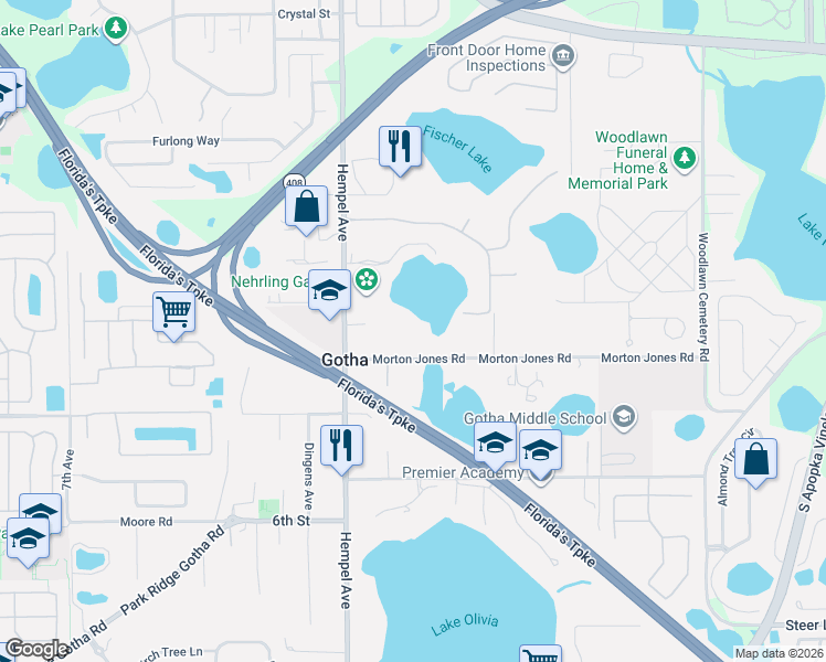 map of restaurants, bars, coffee shops, grocery stores, and more near 9717 Morton Jones Road in Gotha