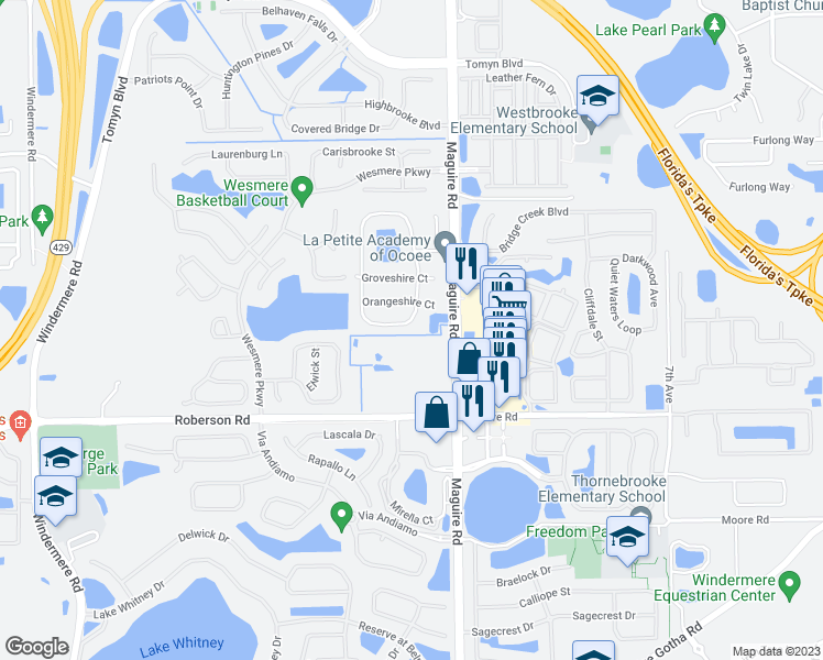 map of restaurants, bars, coffee shops, grocery stores, and more near 921 Grovesmere Loop in Ocoee