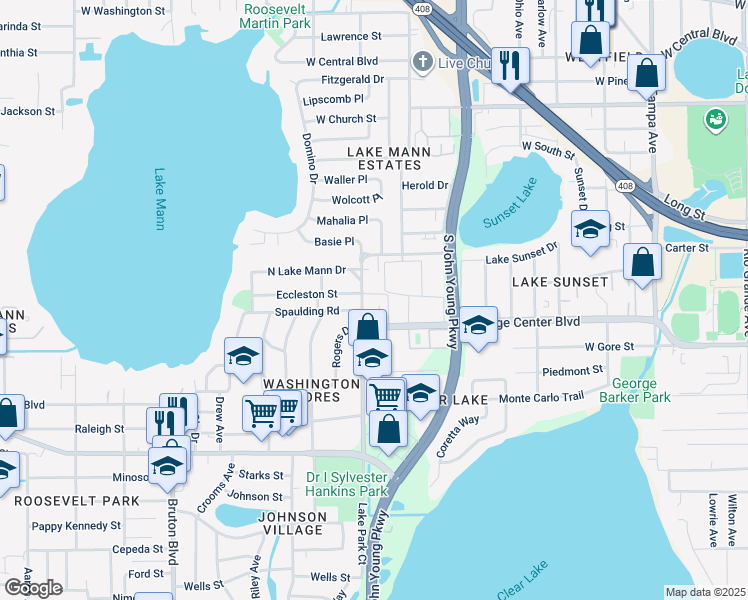 map of restaurants, bars, coffee shops, grocery stores, and more near 3098 Eccleston Street in Orlando