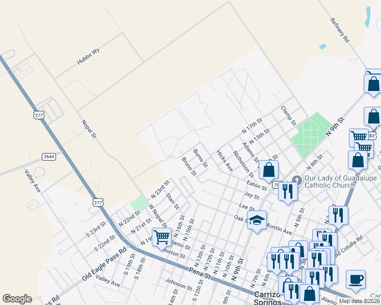 map of restaurants, bars, coffee shops, grocery stores, and more near 907 North 23rd Street in Carrizo Springs