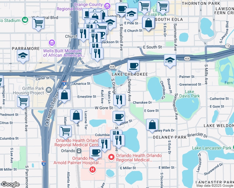 map of restaurants, bars, coffee shops, grocery stores, and more near 747 South Orange Avenue in Orlando