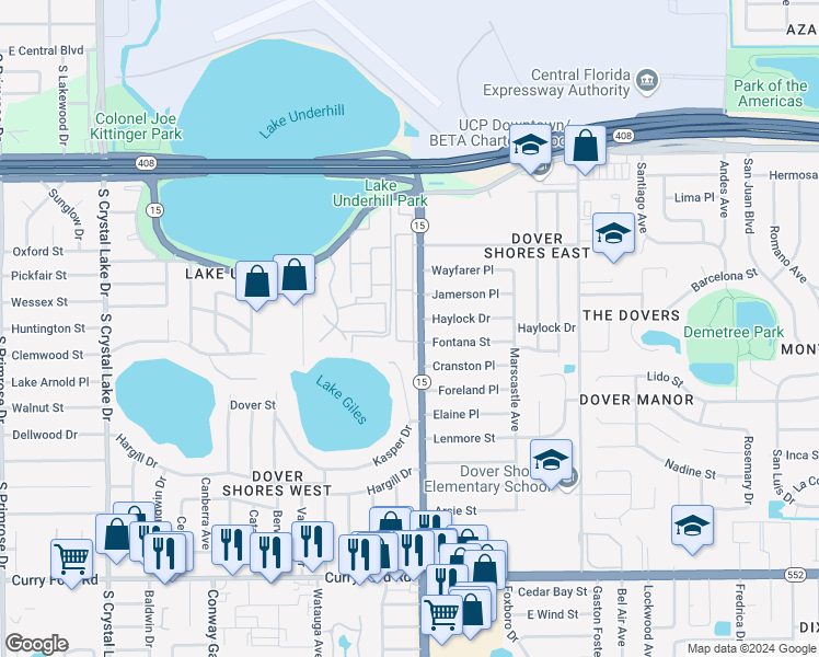 map of restaurants, bars, coffee shops, grocery stores, and more near 718 South Conway Road in Orlando