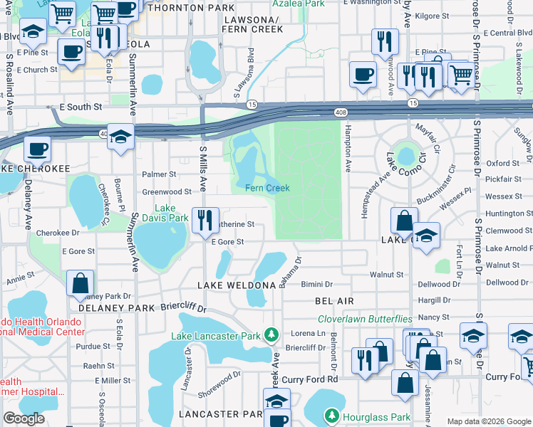 map of restaurants, bars, coffee shops, grocery stores, and more near 1529 Catherine Street in Orlando
