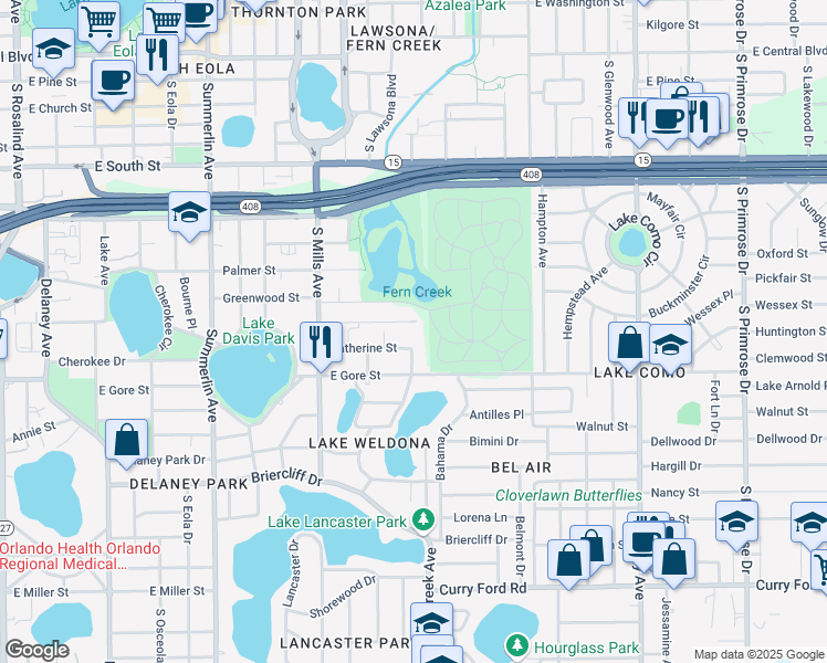 map of restaurants, bars, coffee shops, grocery stores, and more near 1529 Catherine Street in Orlando