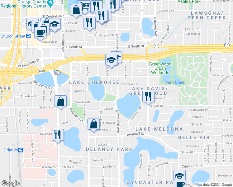 map of restaurants, bars, coffee shops, grocery stores, and more near 603 Woodlawn Boulevard in Orlando