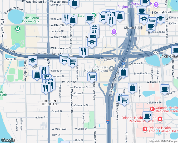 map of restaurants, bars, coffee shops, grocery stores, and more near 722 Conley Street in Orlando