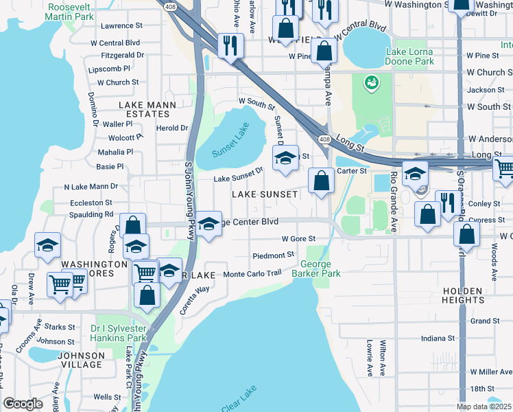 map of restaurants, bars, coffee shops, grocery stores, and more near 50 South Texas Avenue in Orlando