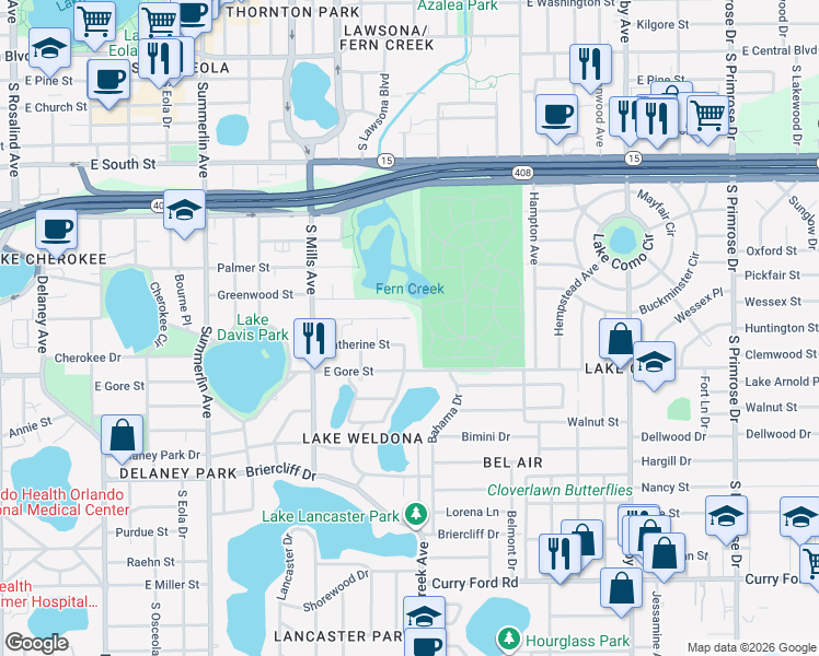 map of restaurants, bars, coffee shops, grocery stores, and more near 1529 Catherine Street in Orlando