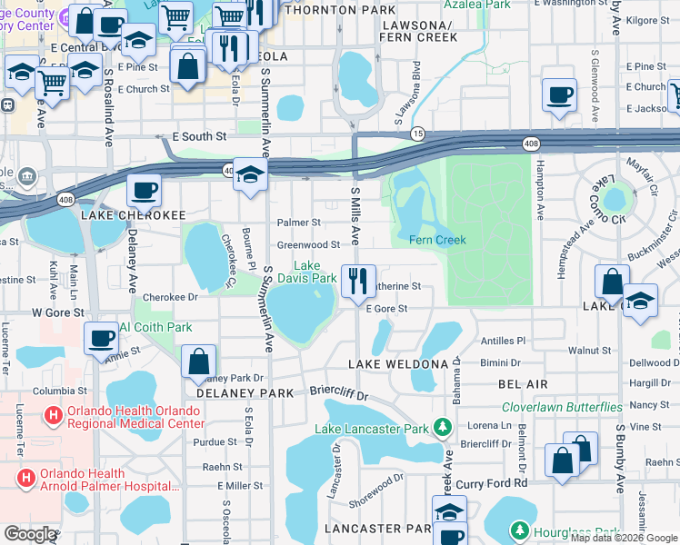 map of restaurants, bars, coffee shops, grocery stores, and more near in Orlando