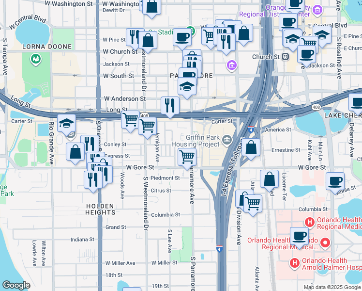 map of restaurants, bars, coffee shops, grocery stores, and more near 722 Conley Street in Orlando