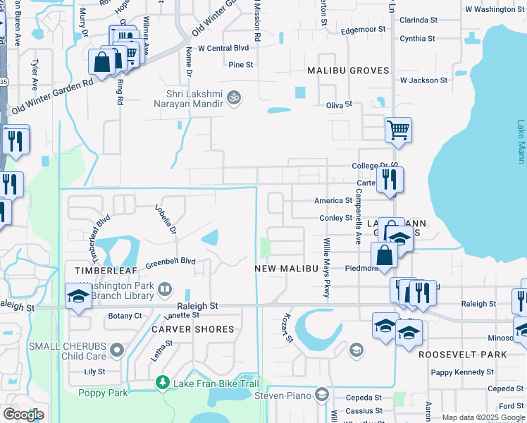map of restaurants, bars, coffee shops, grocery stores, and more near 725 Cornelia Court in Orlando