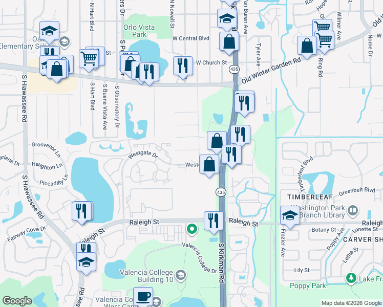 map of restaurants, bars, coffee shops, grocery stores, and more near 5906 Rosette Street in Orlando