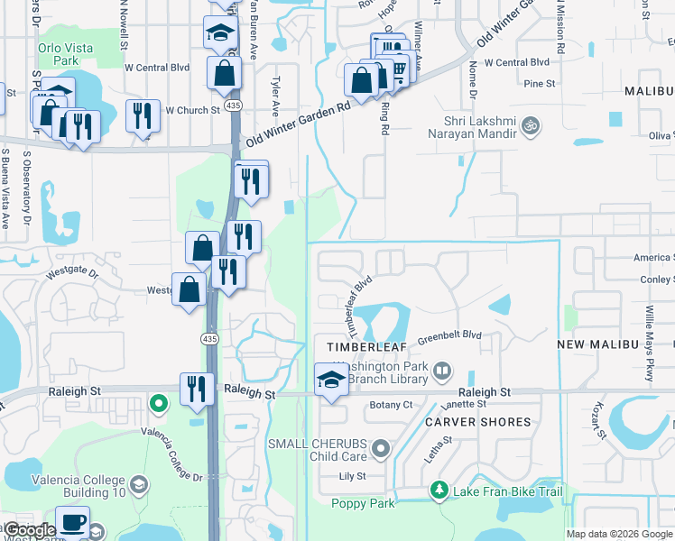 map of restaurants, bars, coffee shops, grocery stores, and more near 5424 Wood Crossing Street in Orlando
