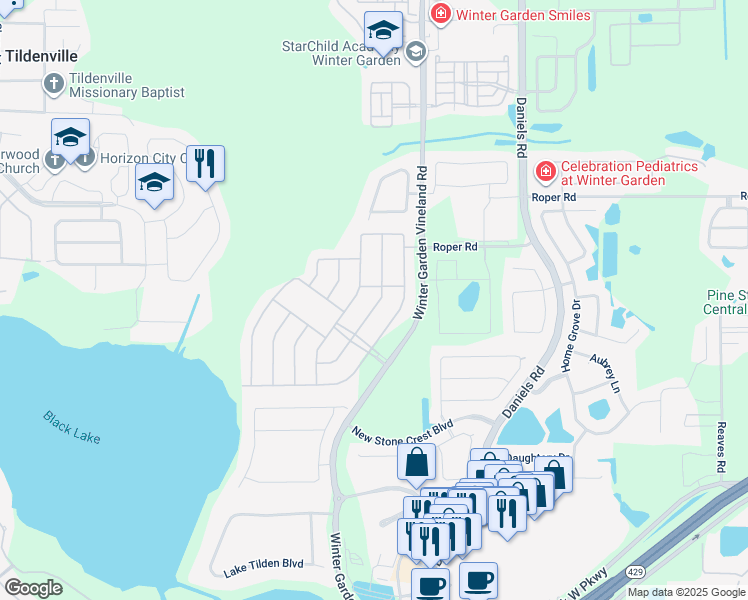 map of restaurants, bars, coffee shops, grocery stores, and more near 580 1st Cape Coral Drive in Winter Garden