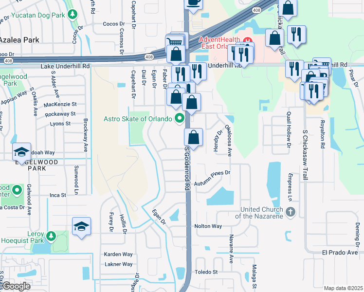 map of restaurants, bars, coffee shops, grocery stores, and more near 7401 Hager Way in Orlando