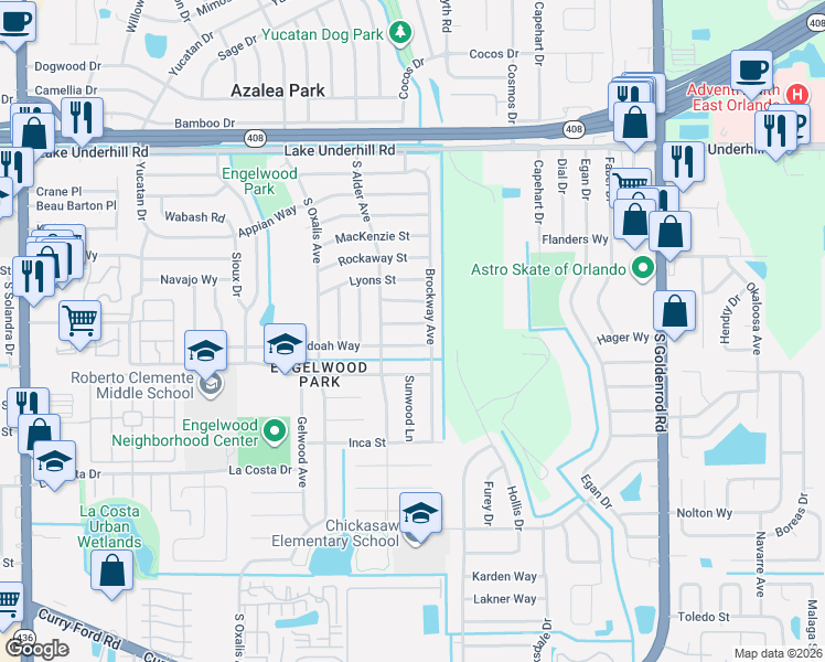 map of restaurants, bars, coffee shops, grocery stores, and more near 6470 Savannah Place in Orlando
