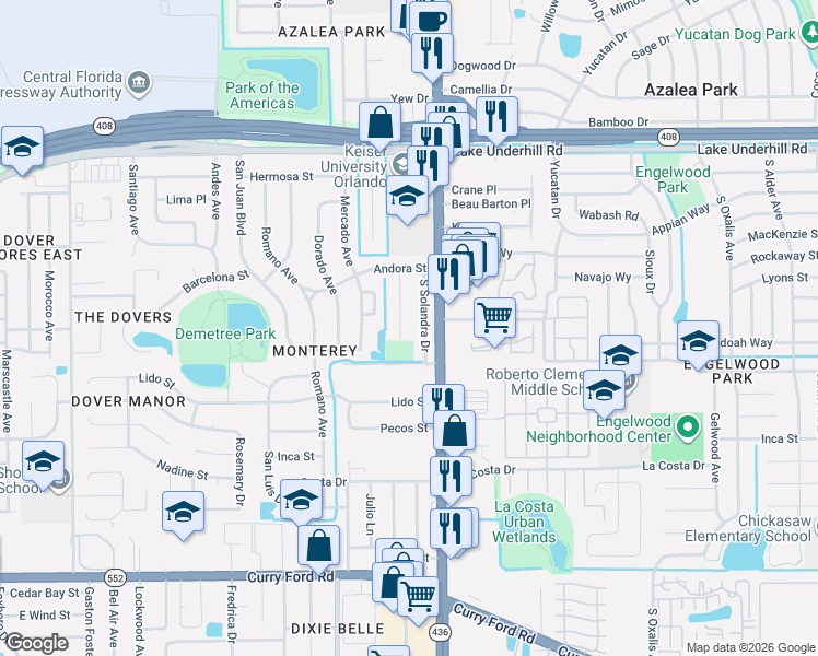 map of restaurants, bars, coffee shops, grocery stores, and more near 815 Thalia Drive in Orlando