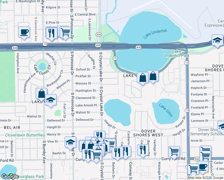 map of restaurants, bars, coffee shops, grocery stores, and more near 3301 Clemwood Drive in Orlando