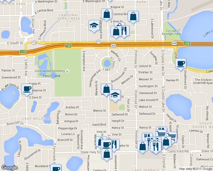 map of restaurants, bars, coffee shops, grocery stores, and more near 711 Essex Place in Orlando