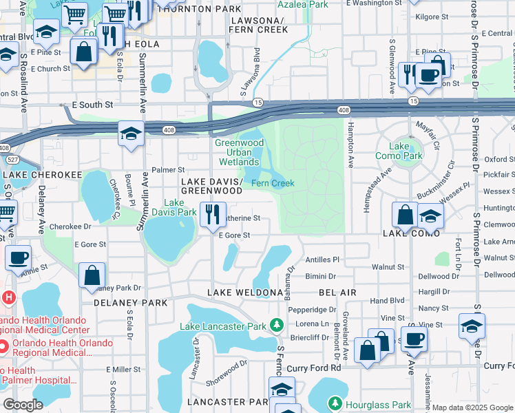 map of restaurants, bars, coffee shops, grocery stores, and more near 1412 Noble Place in Orlando