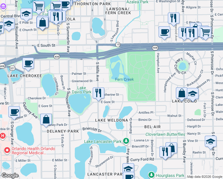 map of restaurants, bars, coffee shops, grocery stores, and more near 1320 Noble Place in Orlando