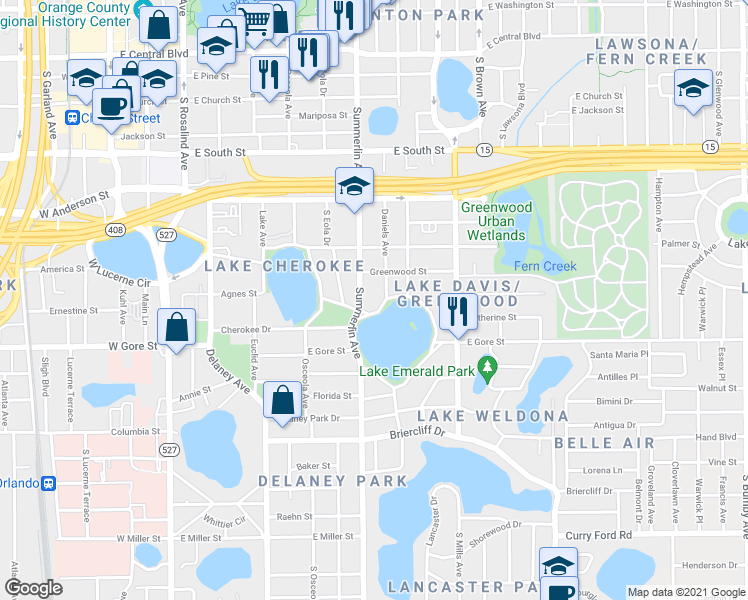 map of restaurants, bars, coffee shops, grocery stores, and more near 719 North Lake Davis Drive in Orlando