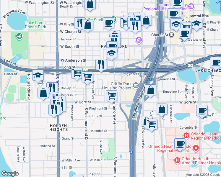 map of restaurants, bars, coffee shops, grocery stores, and more near 722 Conley Street in Orlando