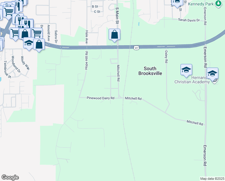 map of restaurants, bars, coffee shops, grocery stores, and more near 7159 Sunnyside Drive in Brooksville