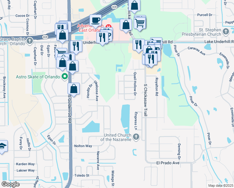 map of restaurants, bars, coffee shops, grocery stores, and more near 780 Hummingbird Lane in Orlando