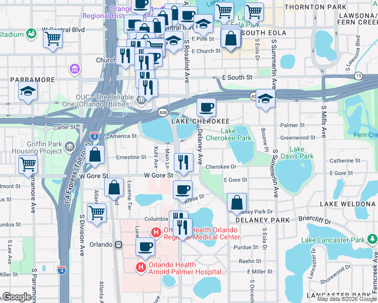 map of restaurants, bars, coffee shops, grocery stores, and more near 200 Agnes Court in Orlando
