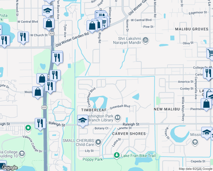 map of restaurants, bars, coffee shops, grocery stores, and more near 5200 Lobelia Drive in Orlando