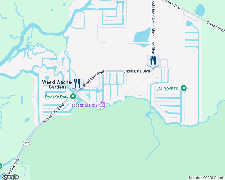 map of restaurants, bars, coffee shops, grocery stores, and more near 7215 Bethesda Court in Spring Hill