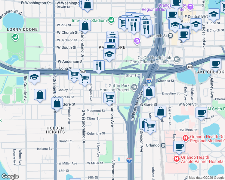 map of restaurants, bars, coffee shops, grocery stores, and more near in Orlando