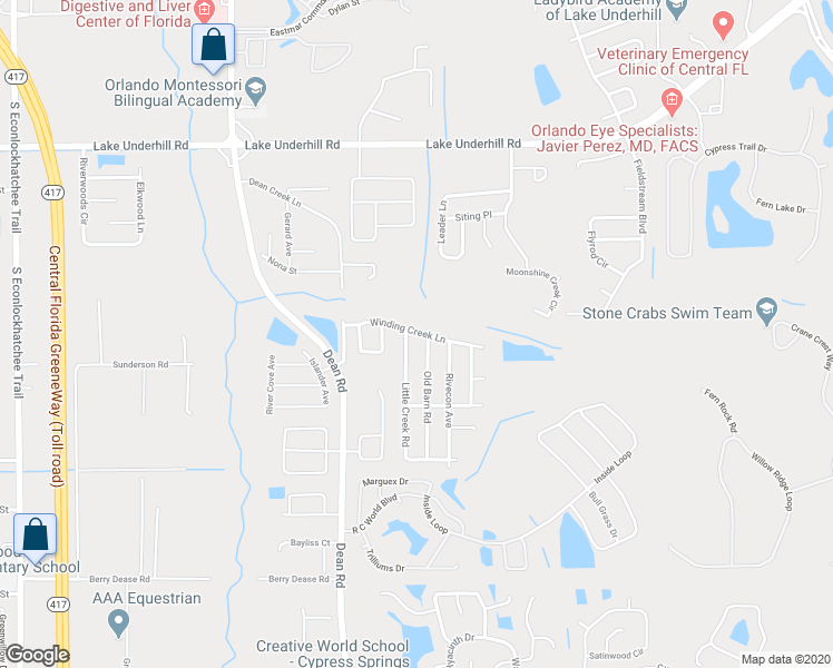 map of restaurants, bars, coffee shops, grocery stores, and more near 10218 Winding Creek Lane in Orlando