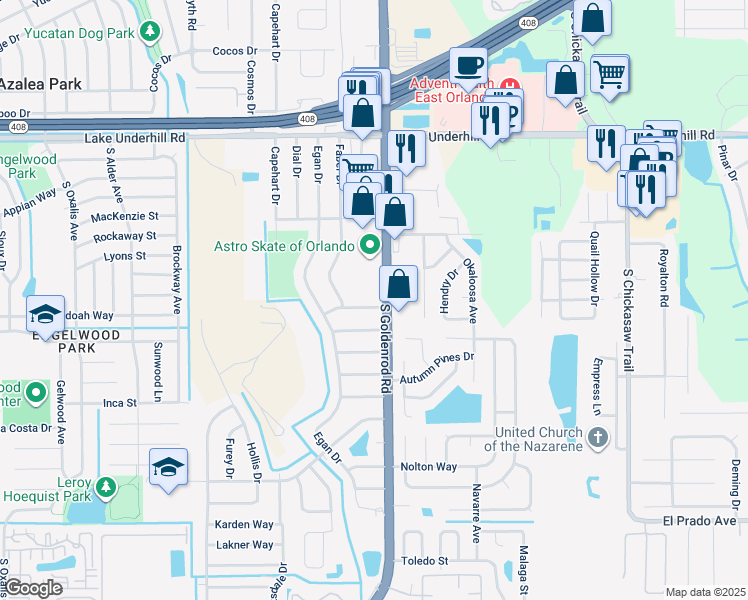 map of restaurants, bars, coffee shops, grocery stores, and more near 7401 Hager Way in Orlando
