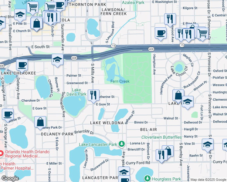 map of restaurants, bars, coffee shops, grocery stores, and more near 1412 Noble Place in Orlando