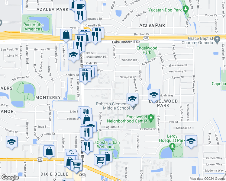 map of restaurants, bars, coffee shops, grocery stores, and more near 808 Don Quixote Avenue in Orlando