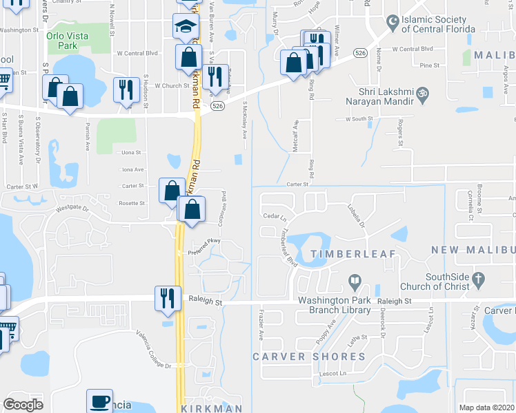 map of restaurants, bars, coffee shops, grocery stores, and more near 632 Oakford Way in Orlando
