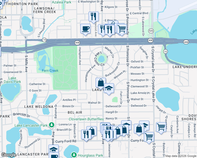 map of restaurants, bars, coffee shops, grocery stores, and more near 711 Essex Place in Orlando